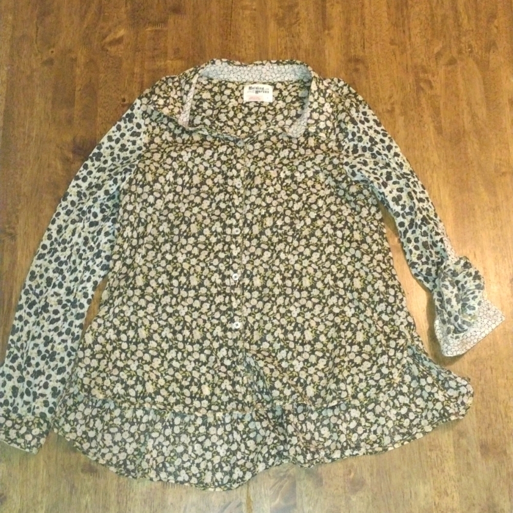 Floral Ruffle Hemn 100% Cotton Holding Horses Anthropologie Button Down 6